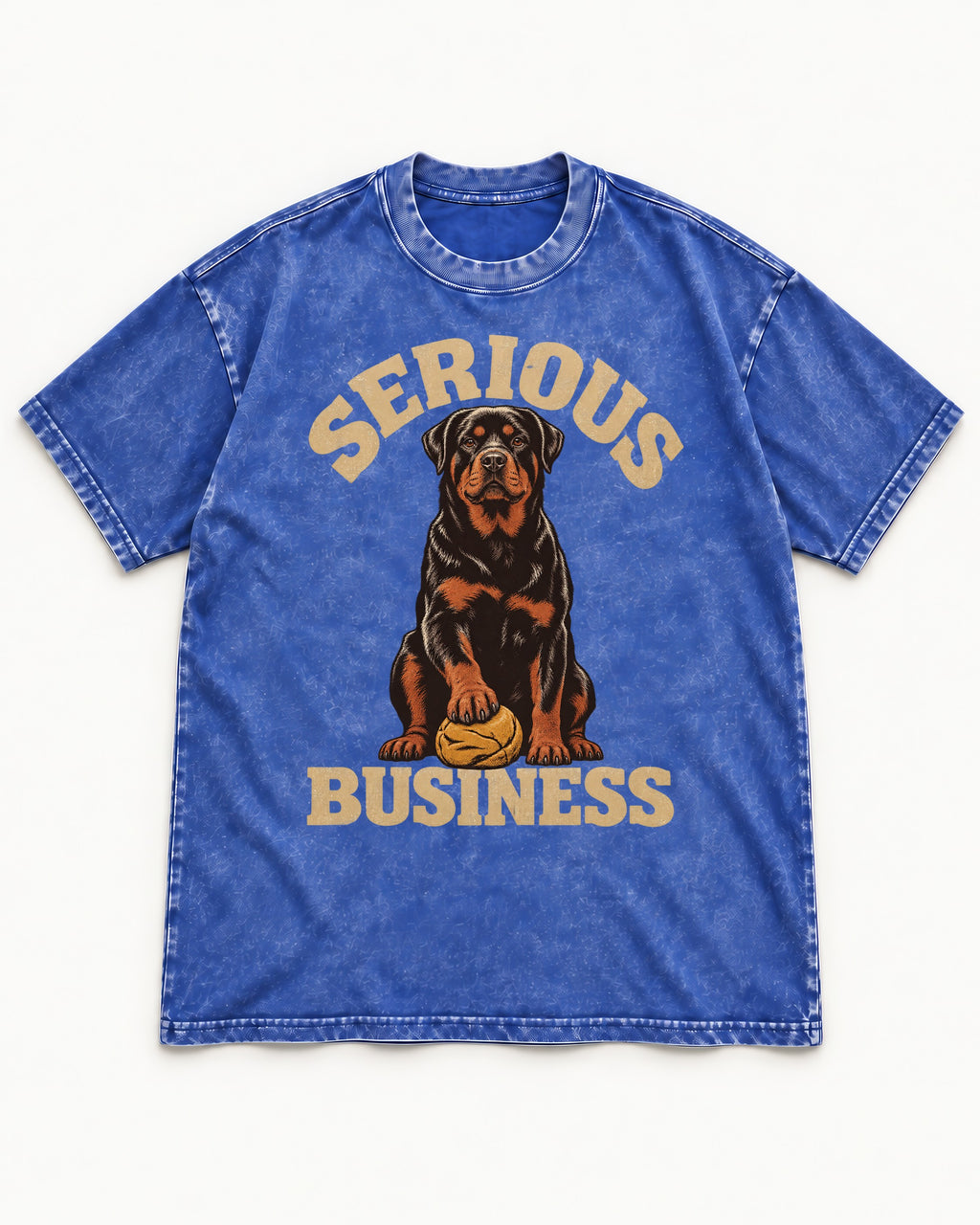 Rottweiler Serious Business Ball Under Paw Graphic Washed Tee in Royal Blue, flat lay product photo