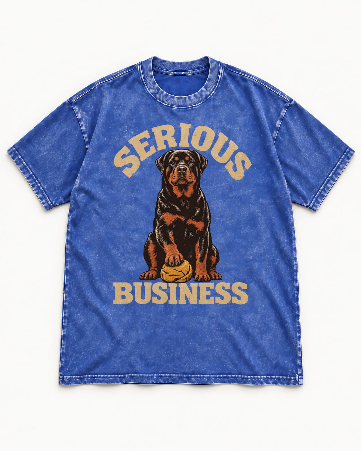 Rottweiler Serious Business Ball Under Paw Graphic Washed Tee in Royal Blue, flat lay product photo