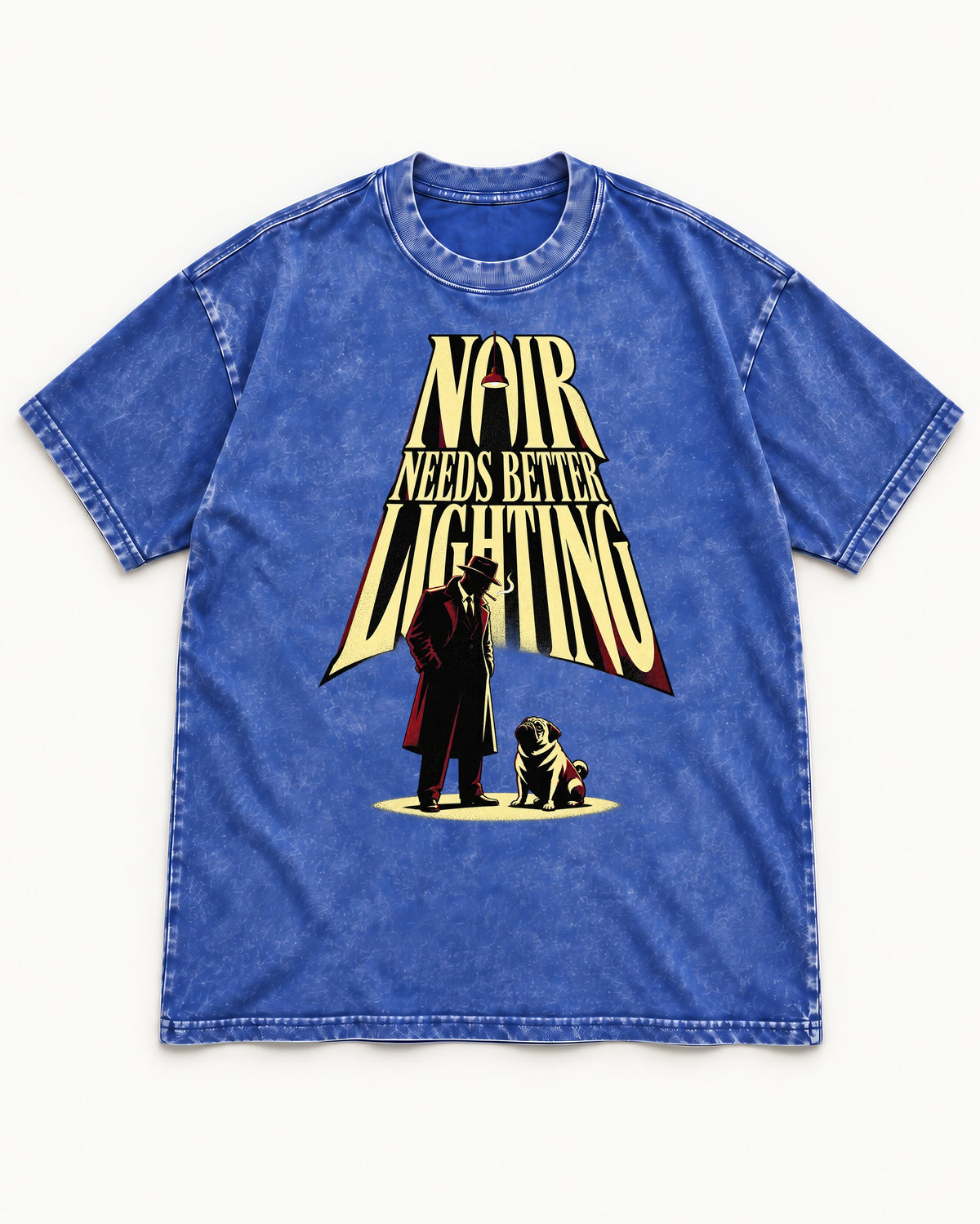 Pug Noir Needs Better Lighting Detective Graphic Washed Tee in Royal Blue, flat lay product photo