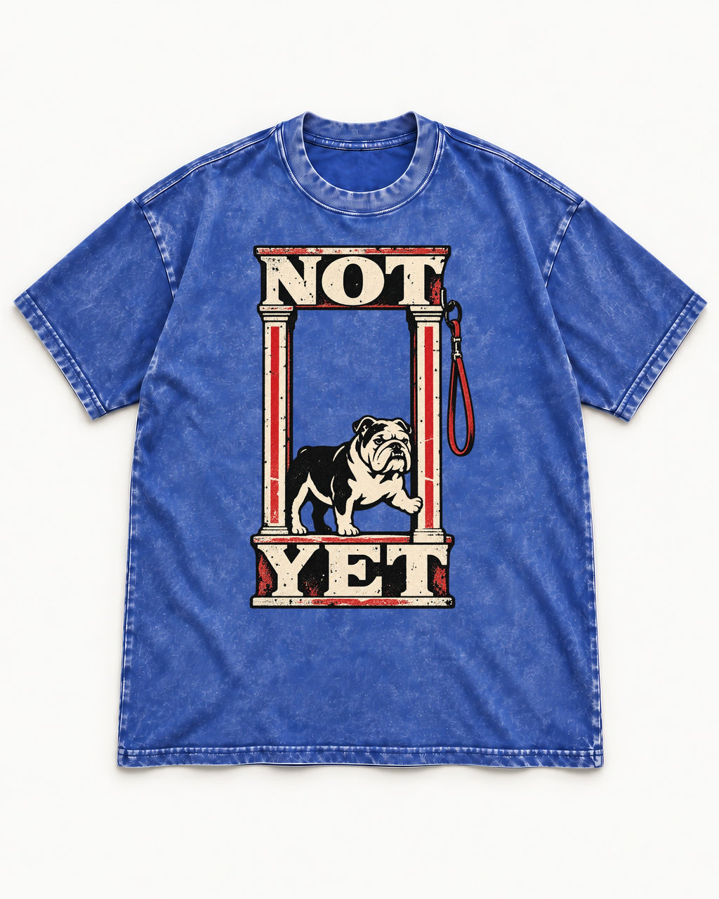 English Bulldog Not Yet Doorway Graphic Washed Tee in Royal Blue, flat lay product photo