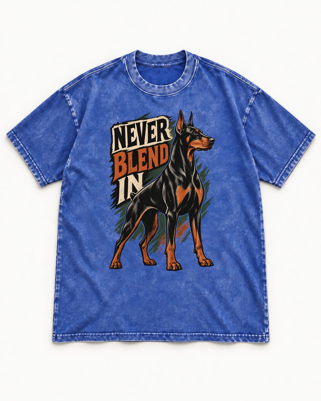 Doberman Never Blend In Brush Graphic Washed Tee in Royal Blue, flat lay product photo