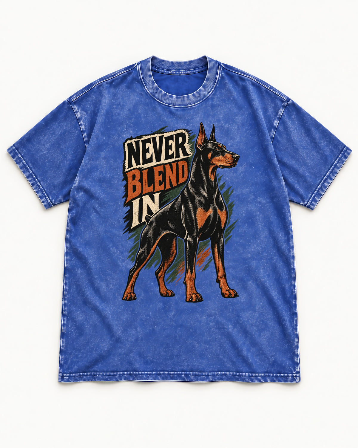 Doberman Never Blend In Brush Graphic Washed Tee in Royal Blue, flat lay product photo