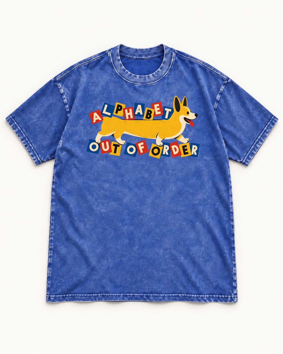 Corgi Alphabet Out of Order Graphic Washed Tee in Royal Blue, flat lay product photo