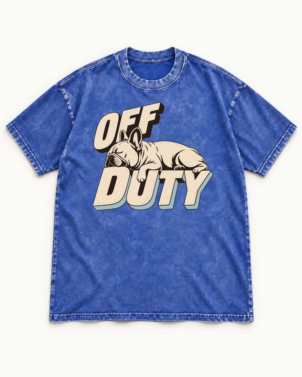 Frenchie Off Duty Sleeping Type Graphic Washed Tee in Royal Blue, flat lay product photo