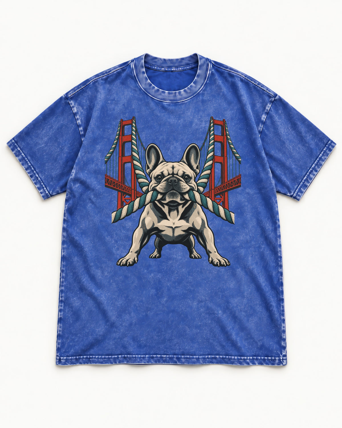 Frenchie Tug Anchor Bridge Graphic Washed Tee in Royal Blue, flat lay product photo