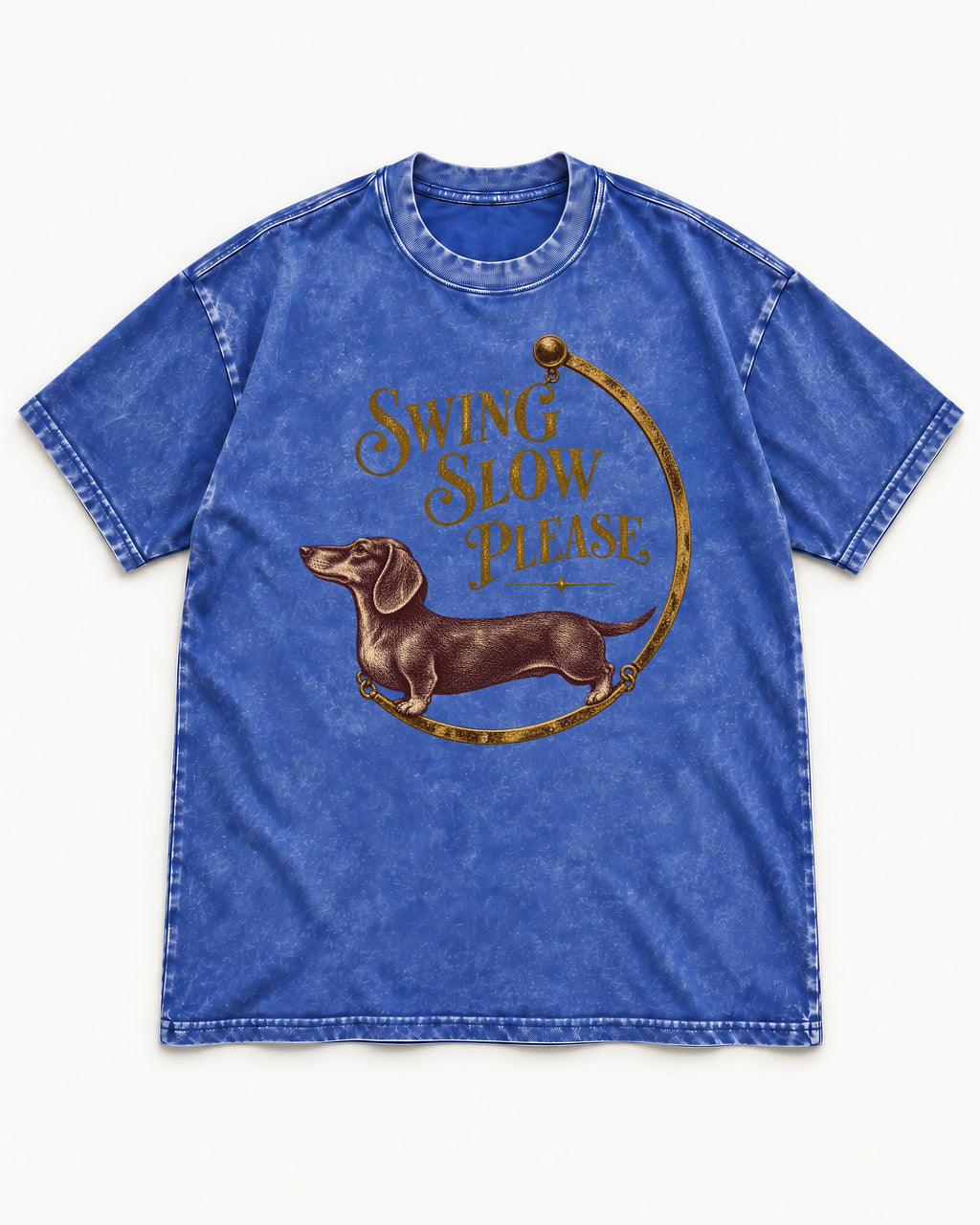 Dachshund Swing Slow Please Necklace Frame Graphic Washed Tee in Royal Blue, flat lay product photo