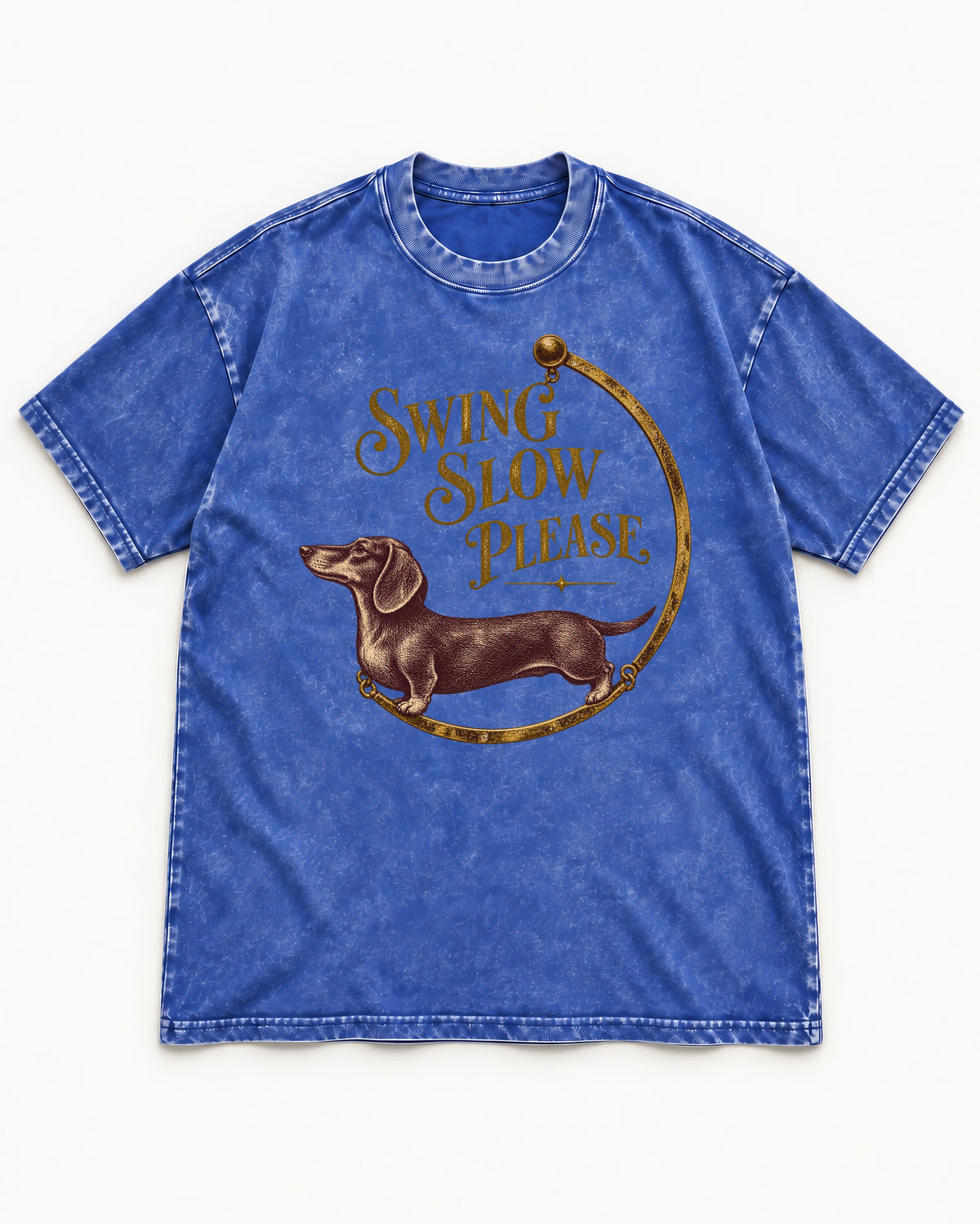 Dachshund Swing Slow Please Necklace Frame Graphic Washed Tee in Royal Blue, flat lay product photo
