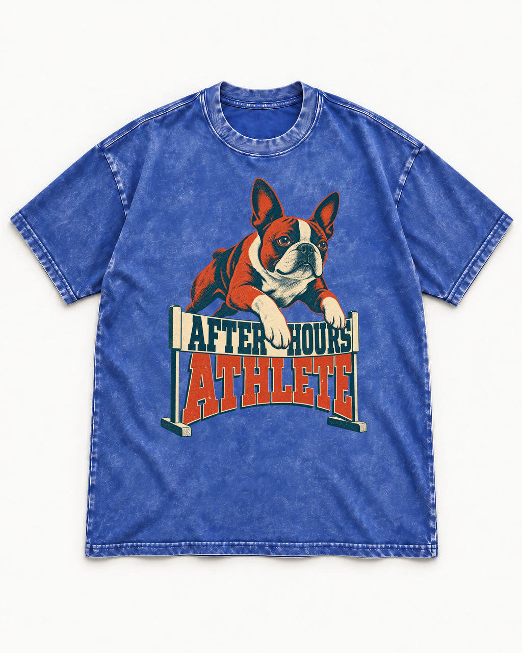 After Hours Athlete Boston Terrier Washed Tee in Royal Blue, flat lay product photo