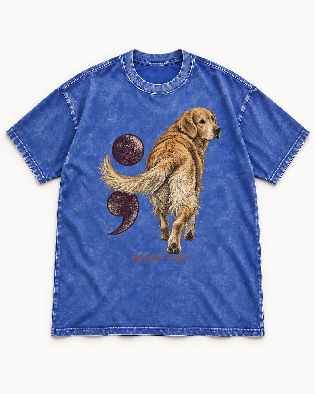 Golden Retriever Not Quite Finished Semicolon Graphic Washed Tee in Royal Blue, flat lay product photo
