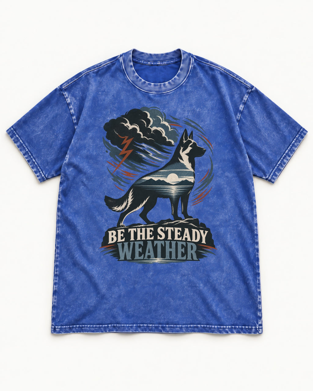 Be the Steady Weather Storm German Shepherd Dog Graphic Washed Tee in Royal Blue, flat lay product photo