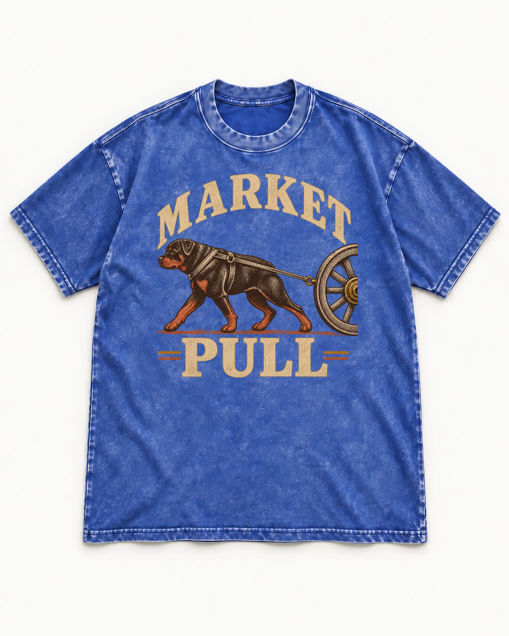 Market Pull Rottweiler Cart Harness Graphic Washed Tee in Royal Blue, flat lay product photo