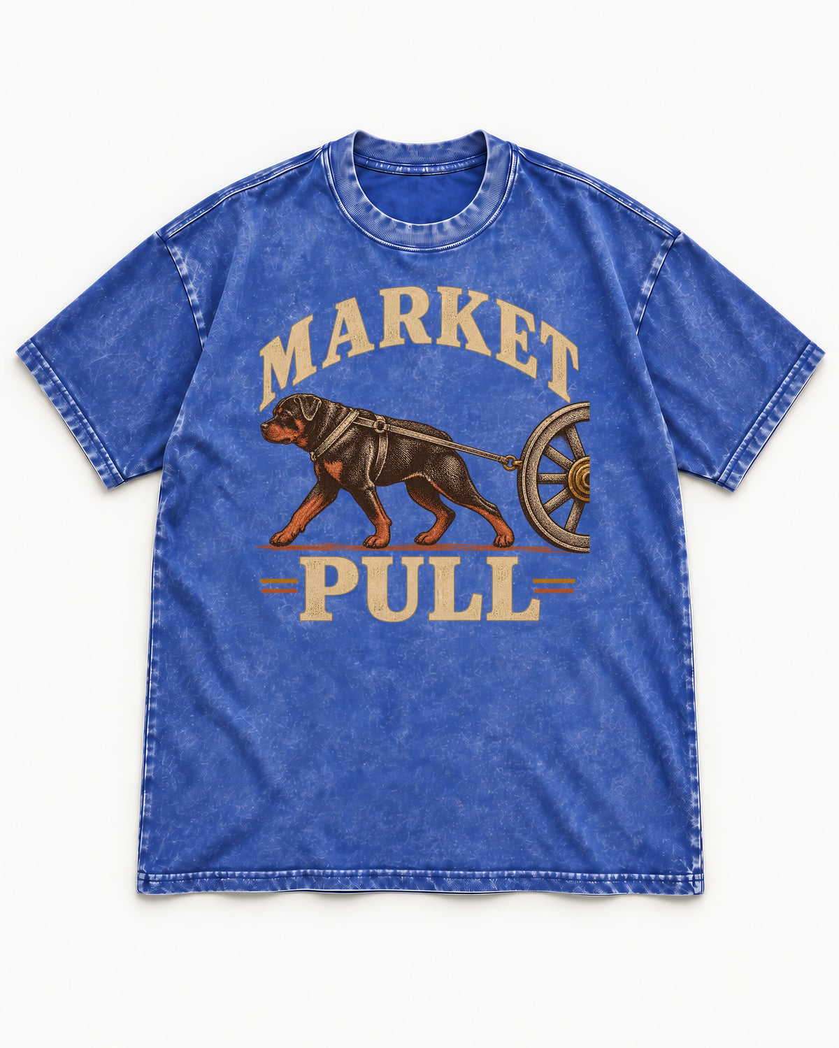 Market Pull Rottweiler Cart Harness Graphic Washed Tee in Royal Blue, flat lay product photo