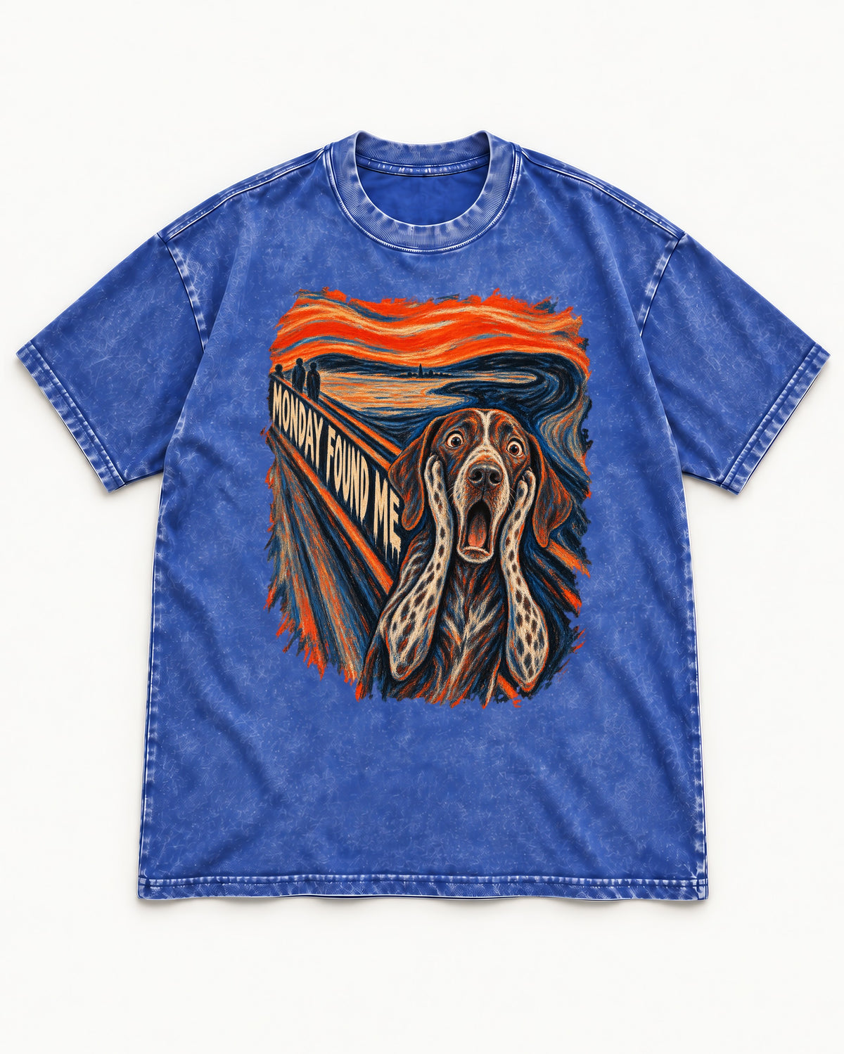 German Shorthaired Pointer Monday Found Me Scream Parody Graphic Washed Tee in Royal Blue, flat lay product photo