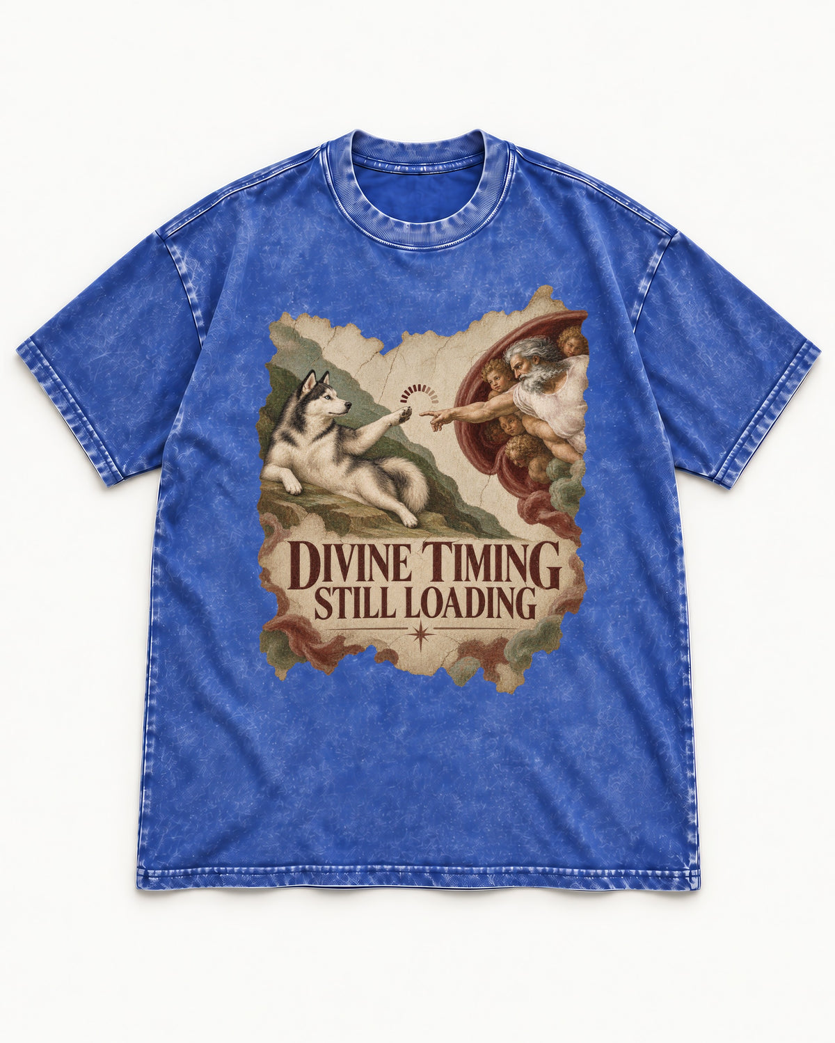 Husky Divine Timing Still Loading Creation Parody Graphic Washed Tee in Royal Blue, flat lay product photo