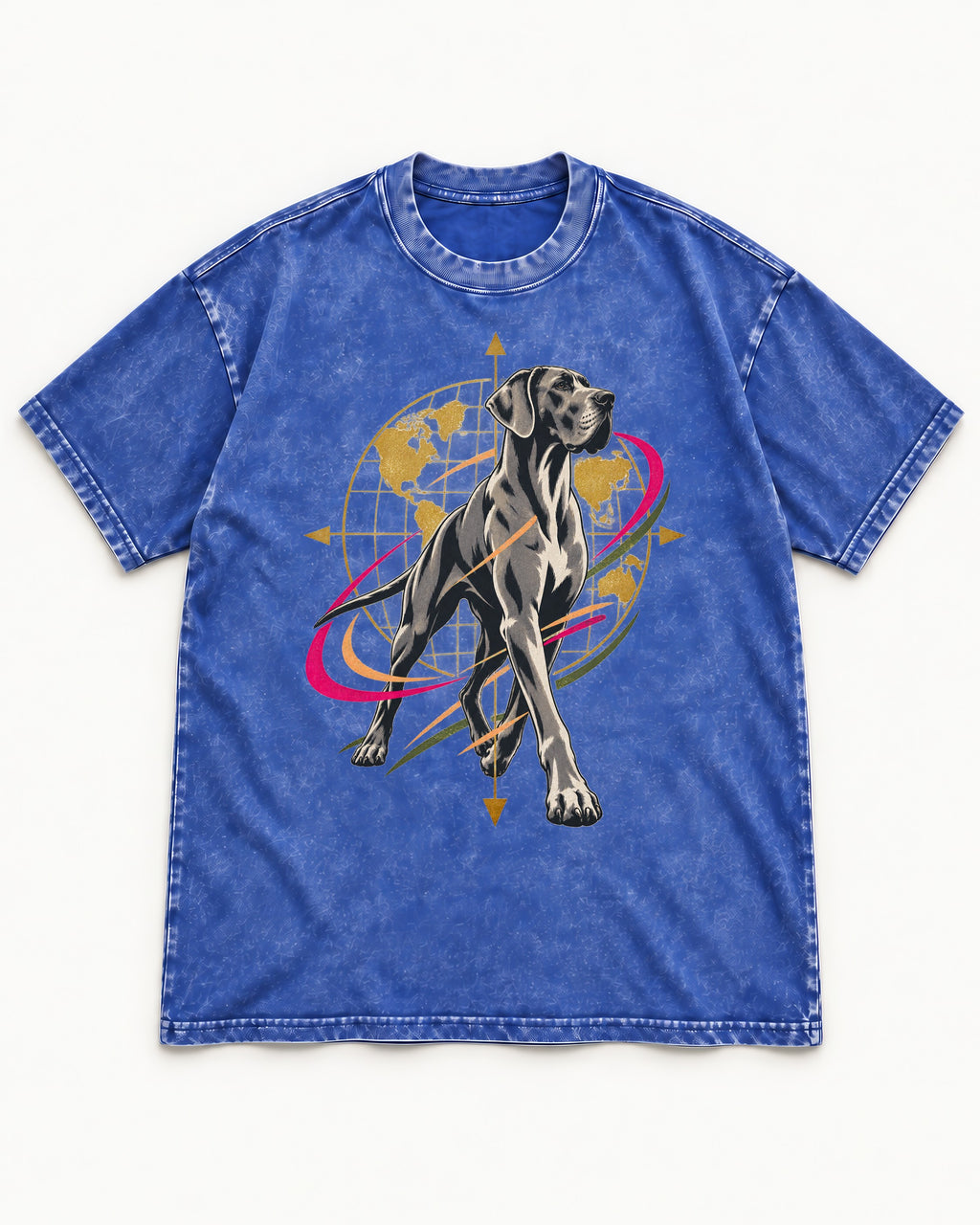 Great Dane Striding Globe Orbit Graphic Washed Tee in Royal Blue, flat lay product photo