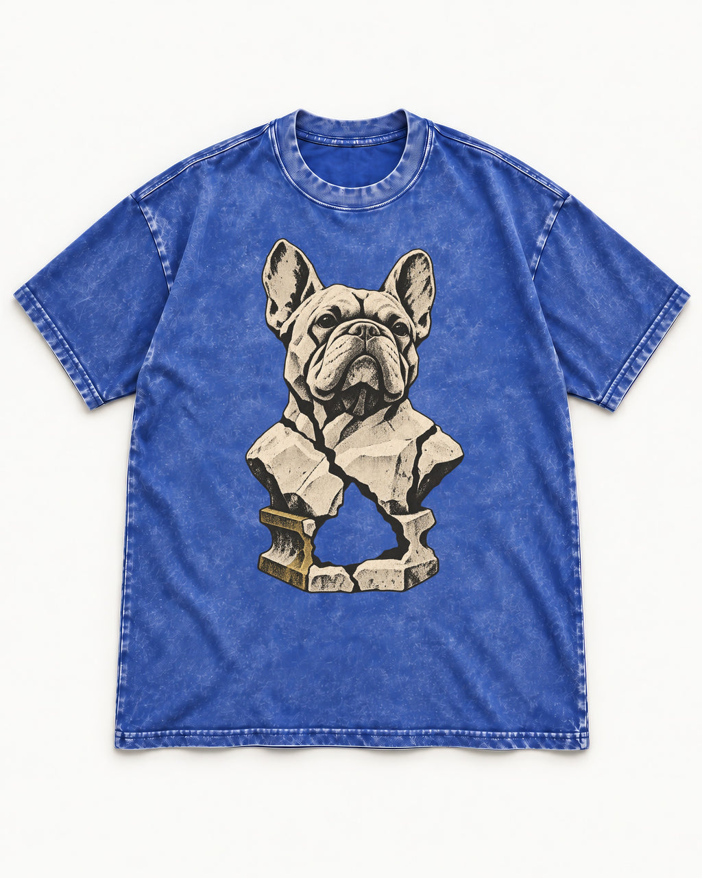 Frenchie Fractured Stone Bust Graphic Washed Tee in Royal Blue, flat lay product photo