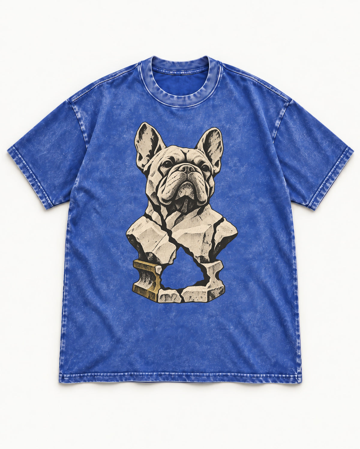 Frenchie Fractured Stone Bust Graphic Washed Tee in Royal Blue, flat lay product photo