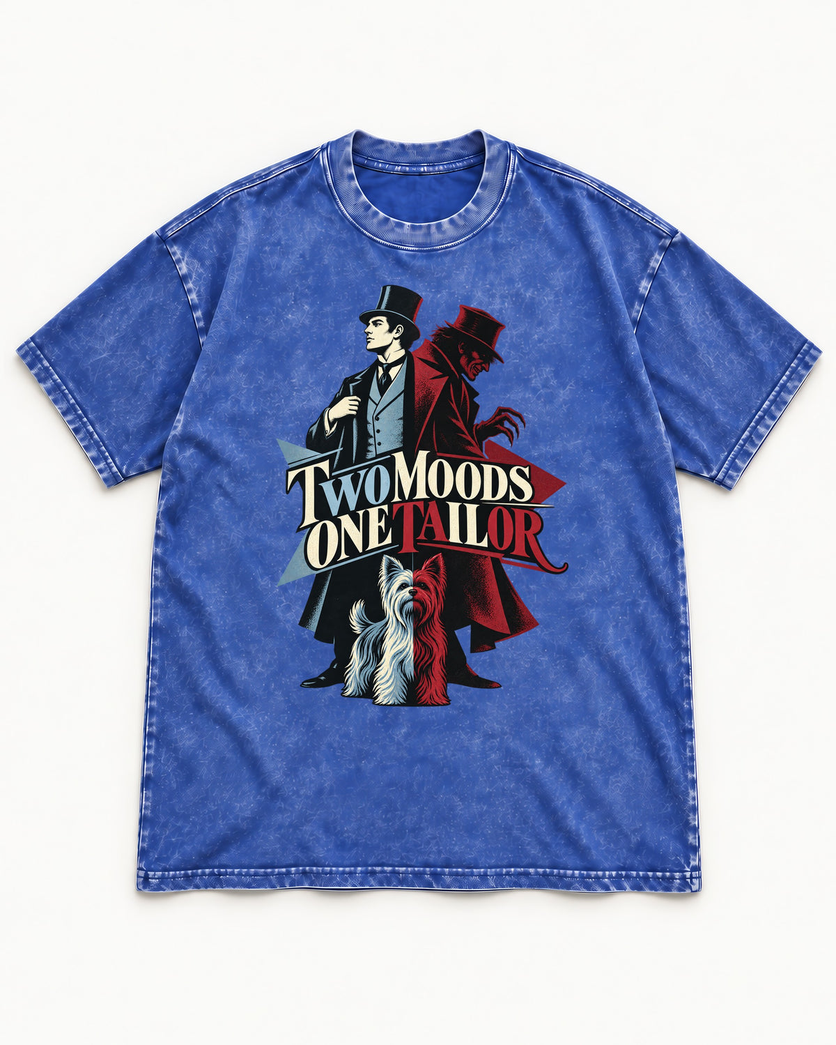Yorkshire Terrier Two Moods One Tailor Split Persona Graphic Washed Tee in Royal Blue, flat lay product photo