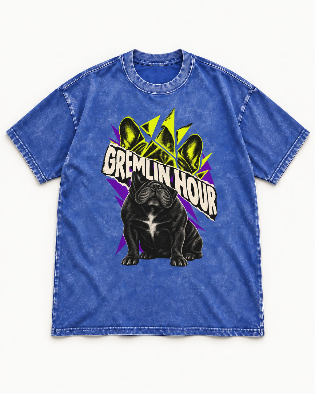 Frenchie Gremlin Hour Fracture Portrait Graphic Washed Tee in Royal Blue, flat lay product photo
