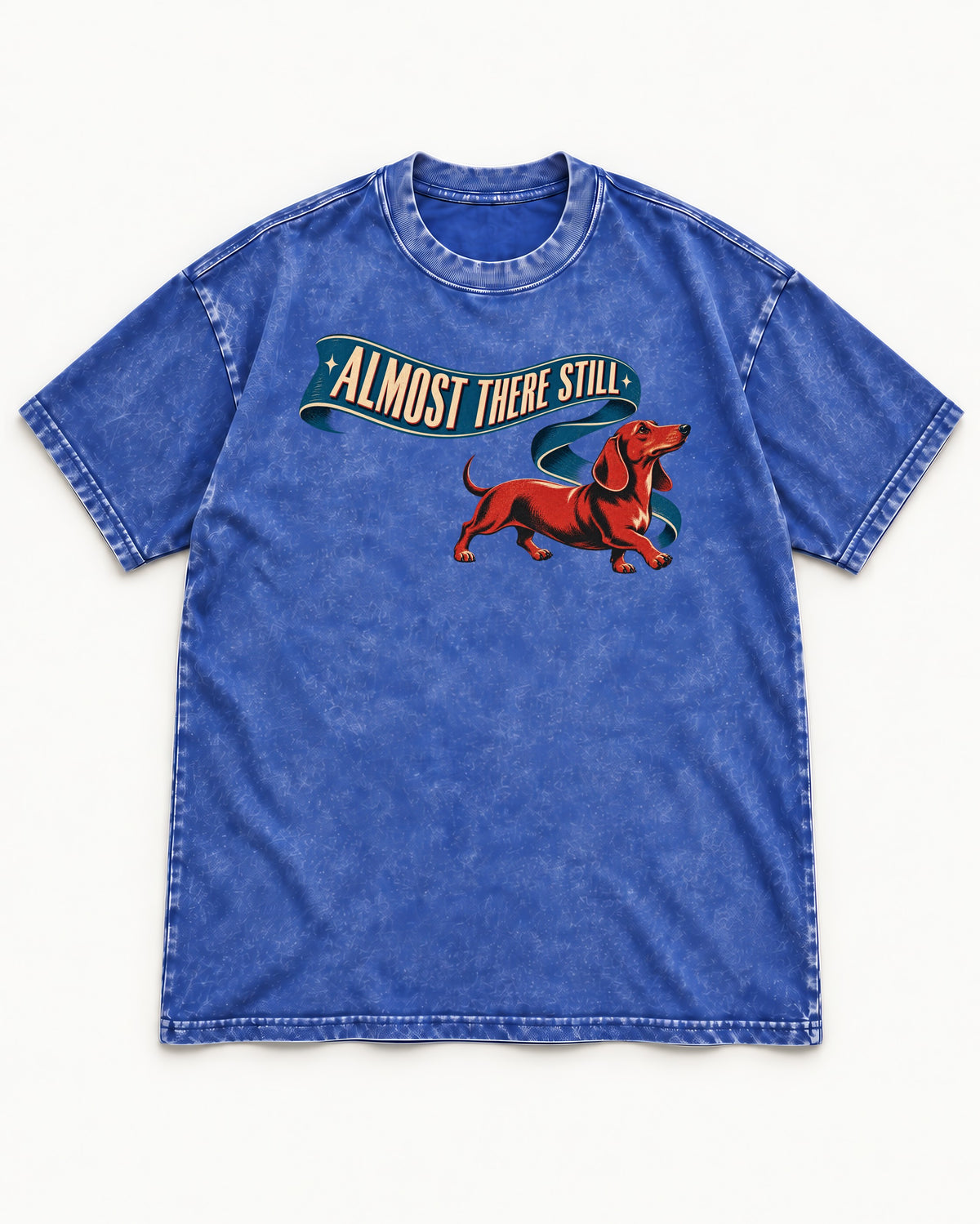 Dachshund Almost There Still Ribbon Graphic Washed Tee in Royal Blue, flat lay product photo