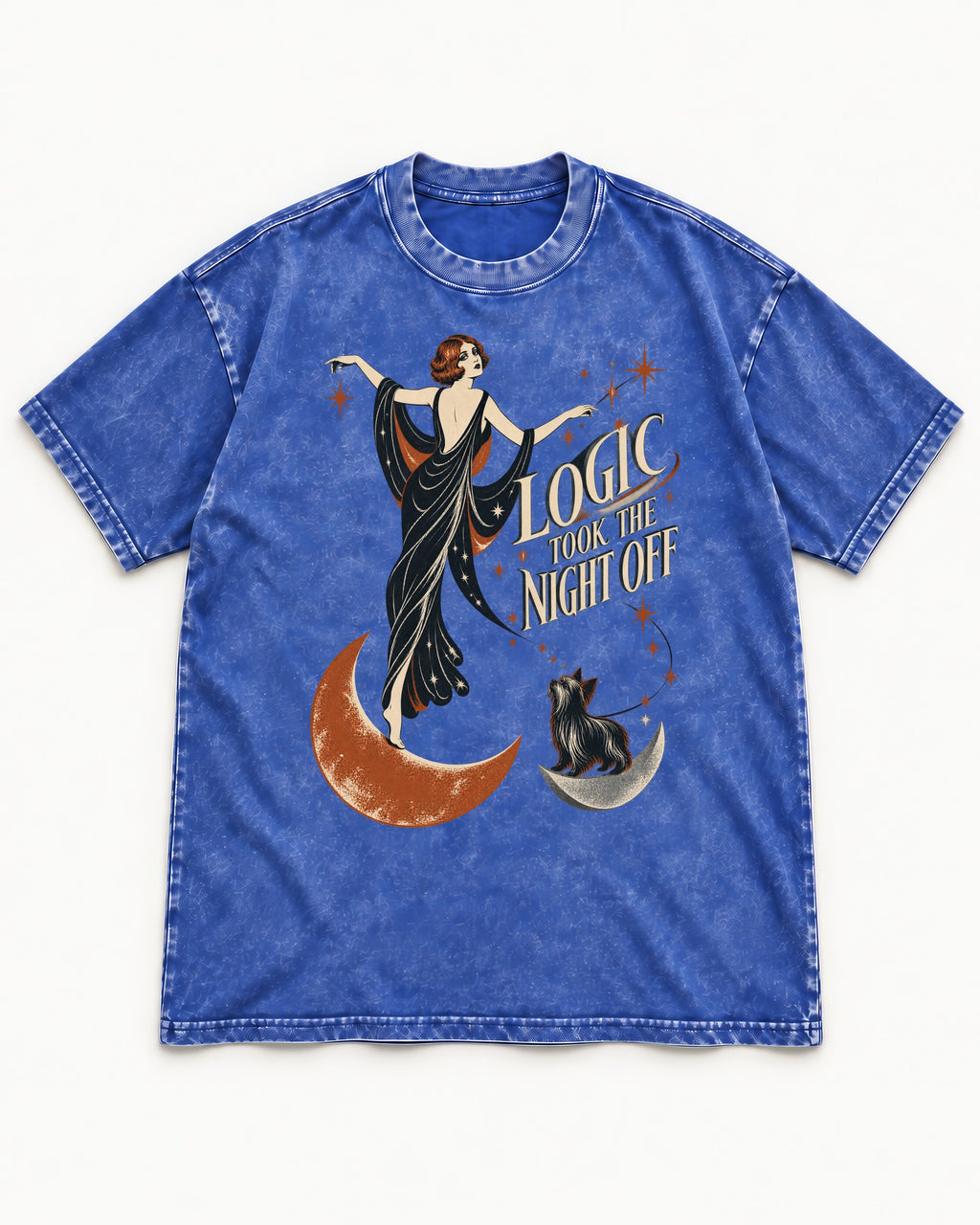 Yorkshire Terrier Logic Took the Night Off Art Deco Graphic Washed Tee in Royal Blue, flat lay product photo