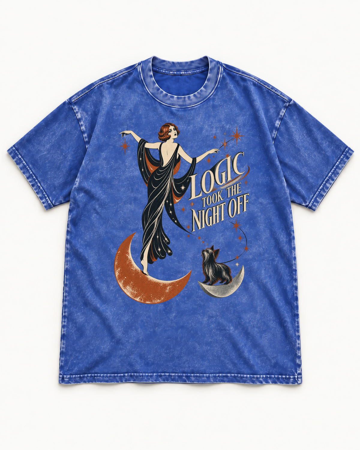 Yorkshire Terrier Logic Took the Night Off Art Deco Graphic Washed Tee in Royal Blue, flat lay product photo