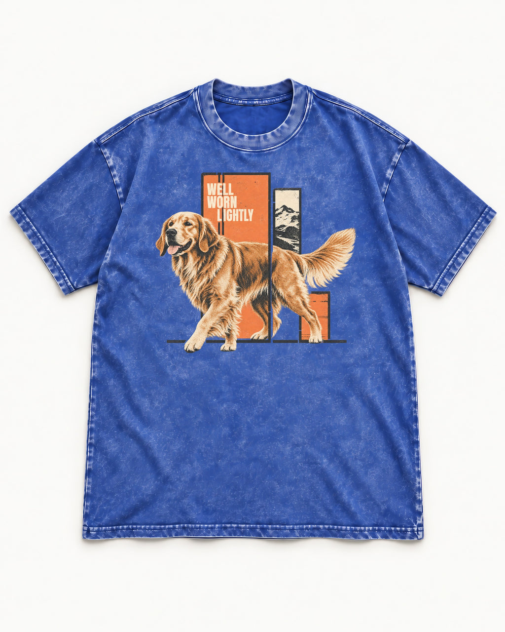 Golden Retriever Well Worn Lightly Mountain Graphic Washed Tee in Royal Blue, flat lay product photo