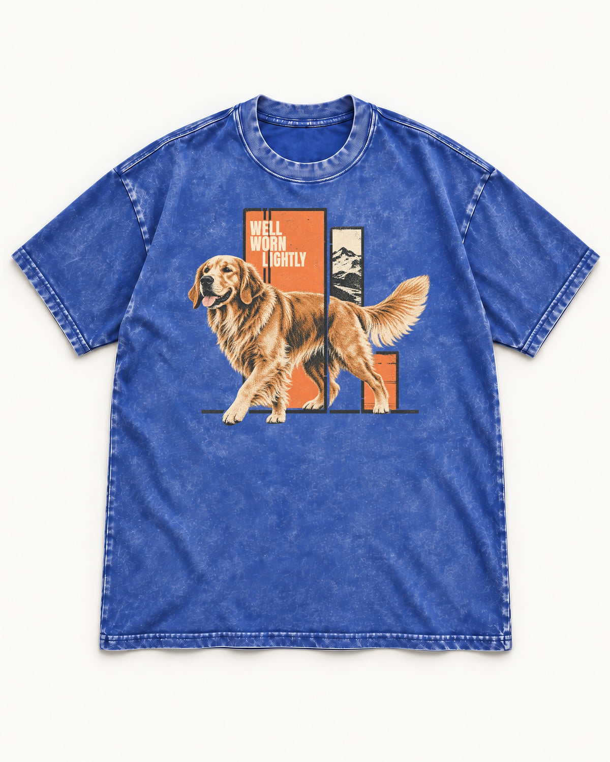 Golden Retriever Well Worn Lightly Mountain Graphic Washed Tee in Royal Blue, flat lay product photo