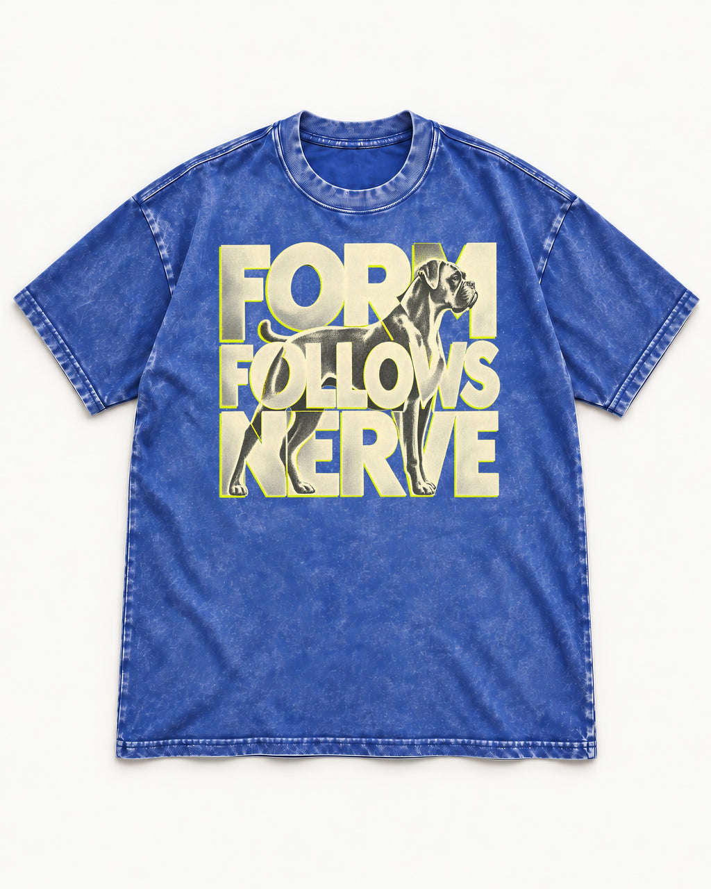 Form Follows Nerve Boxer Typography Washed Tee in Royal Blue, flat lay product photo