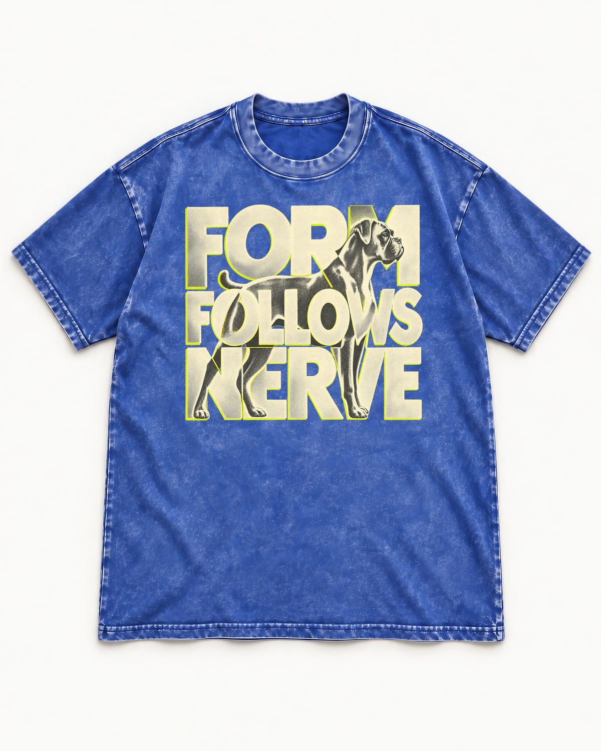 Form Follows Nerve Boxer Typography Washed Tee in Royal Blue, flat lay product photo