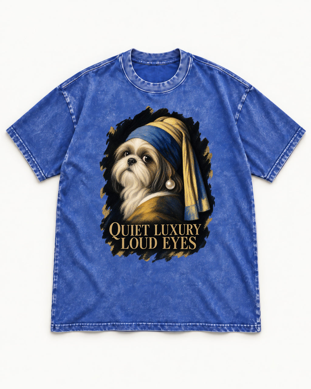 Shih Tzu Quiet Luxury Loud Eyes Pearl Portrait Graphic Washed Tee in Royal Blue, flat lay product photo