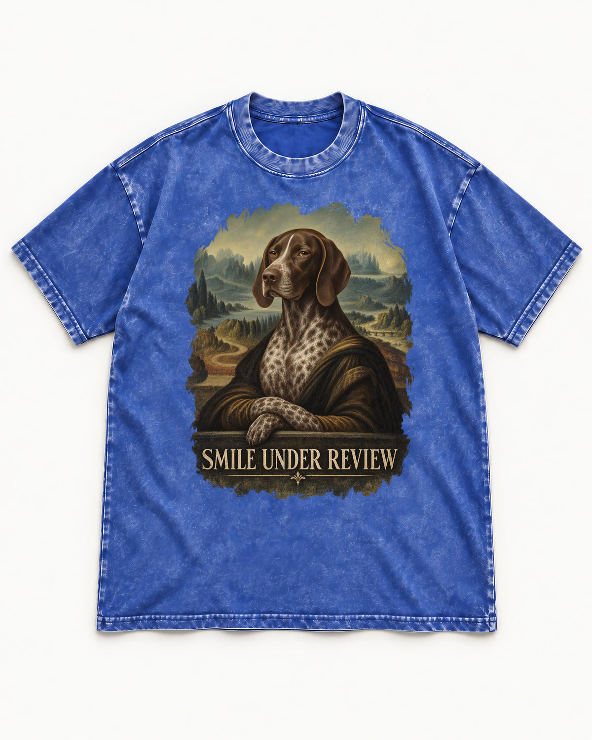 German Shorthaired Pointer Smile Under Review Renaissance Portrait Graphic Washed Tee in Royal Blue, flat lay product photo