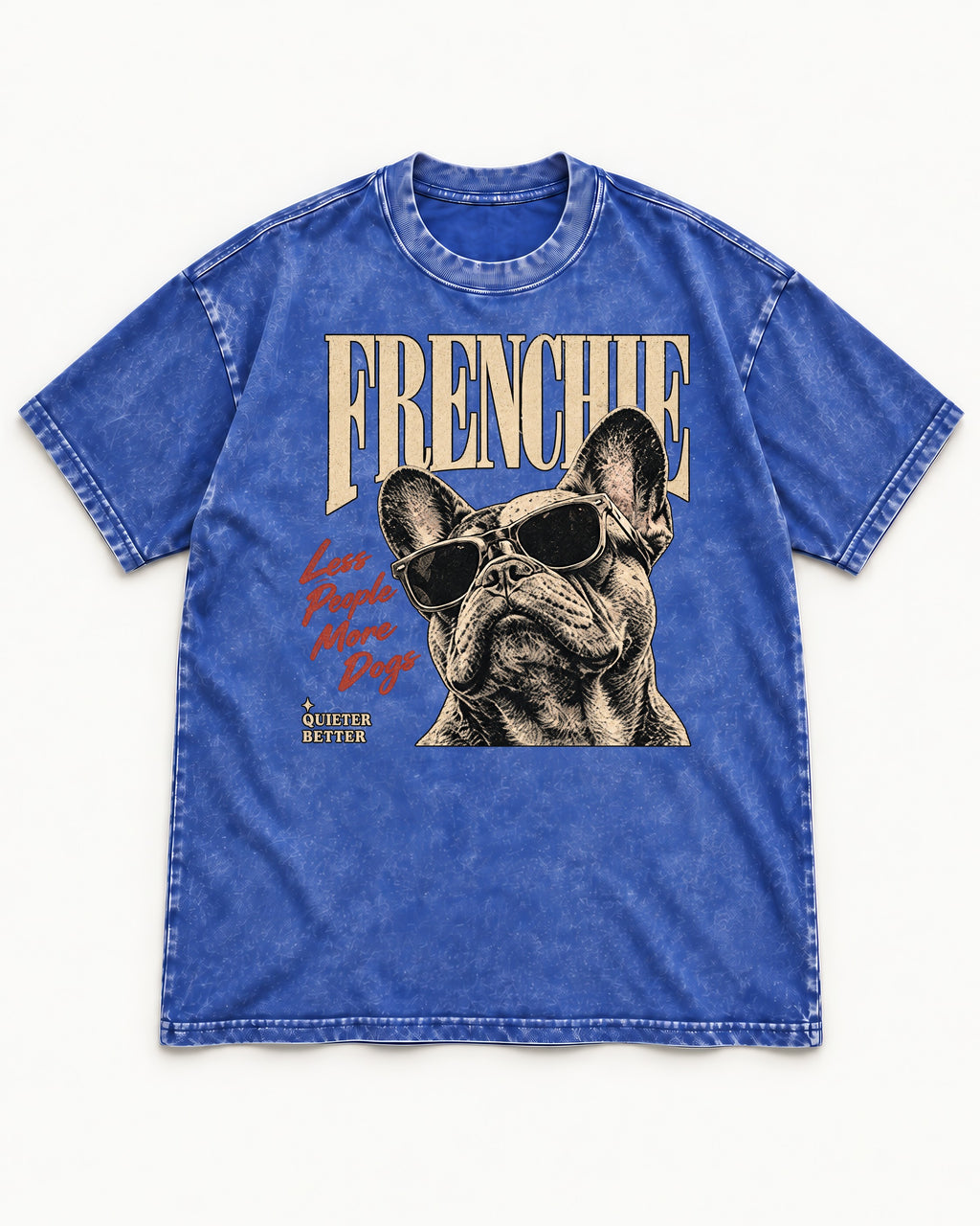 Frenchie Less People More Dogs Sunglasses Graphic Washed Tee in Royal Blue, flat lay product photo
