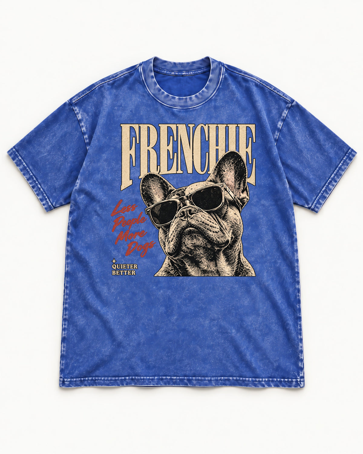 Frenchie Less People More Dogs Sunglasses Graphic Washed Tee in Royal Blue, flat lay product photo