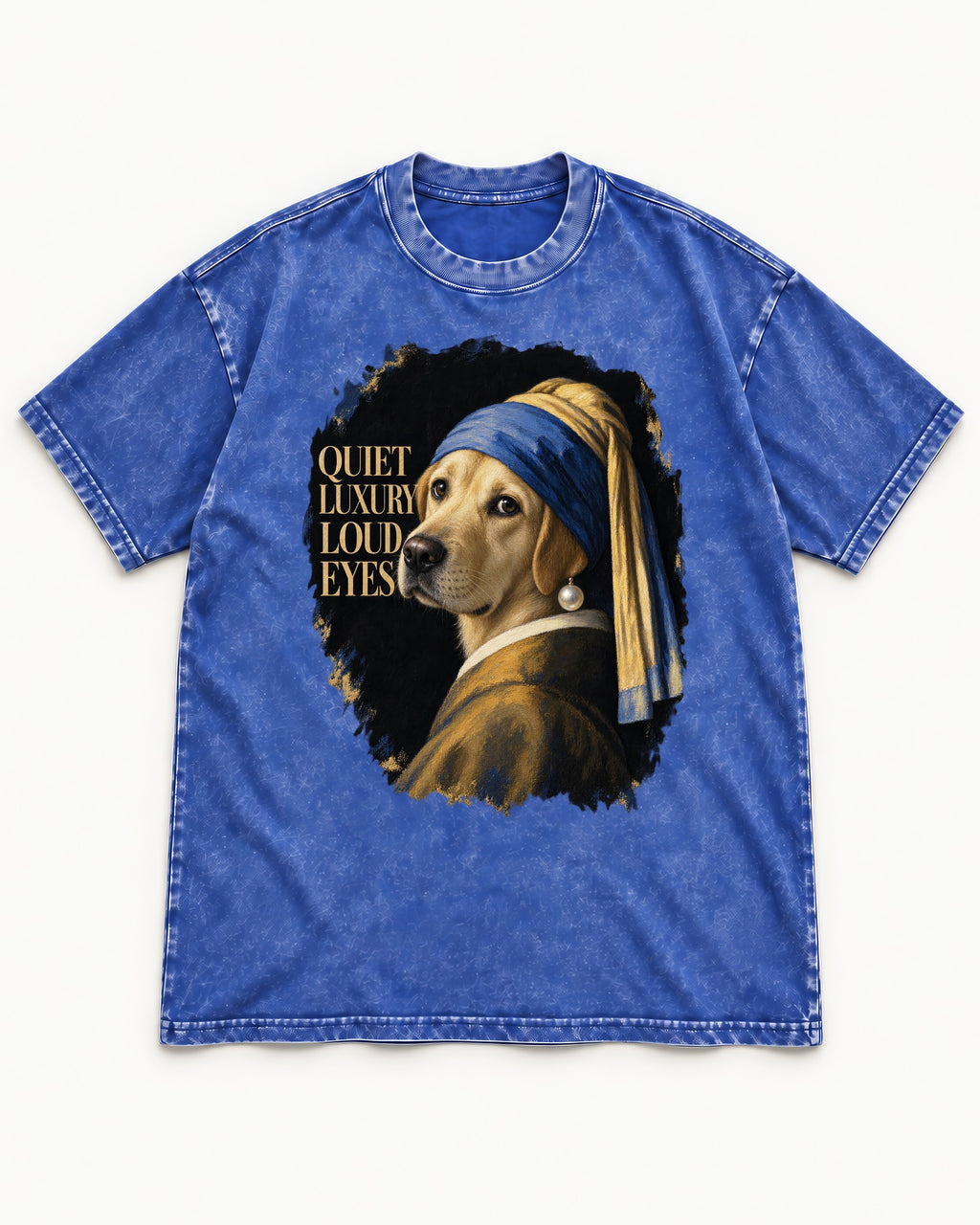 Labrador Retriever Quiet Luxury Loud Eyes Pearl Earring Graphic Washed Tee in Royal Blue, flat lay product photo