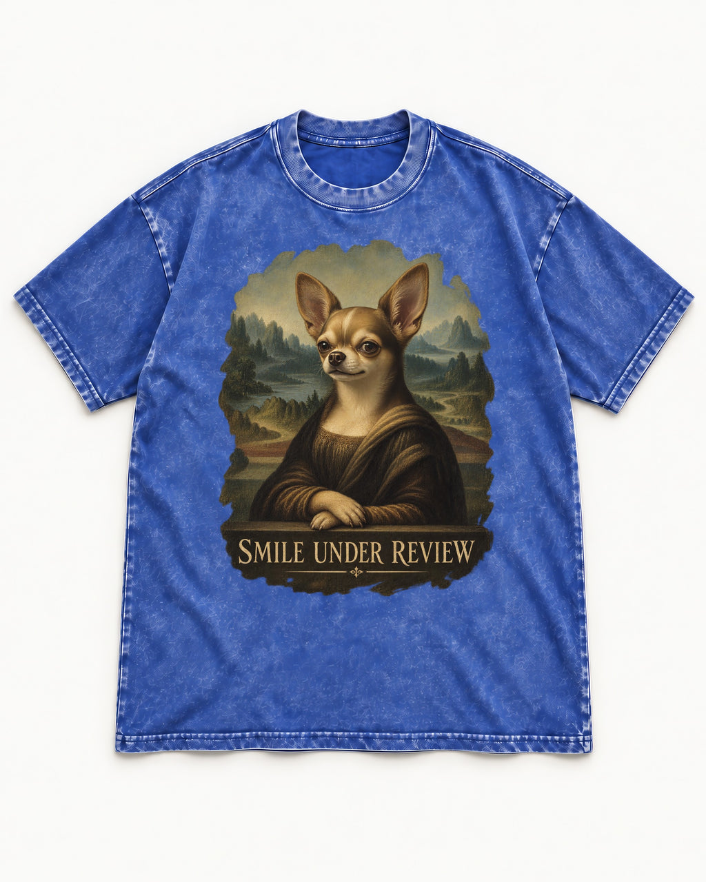 Chihuahua Smile Under Review Mona Lisa Portrait Washed Tee in Royal Blue, flat lay product photo