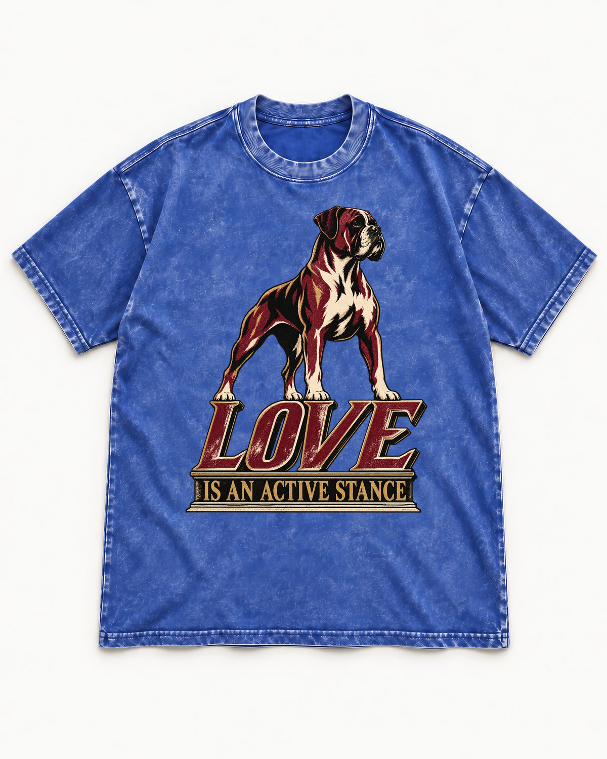 Love Is an Active Stance Boxer Pedestal Graphic Washed Tee in Royal Blue, flat lay product photo