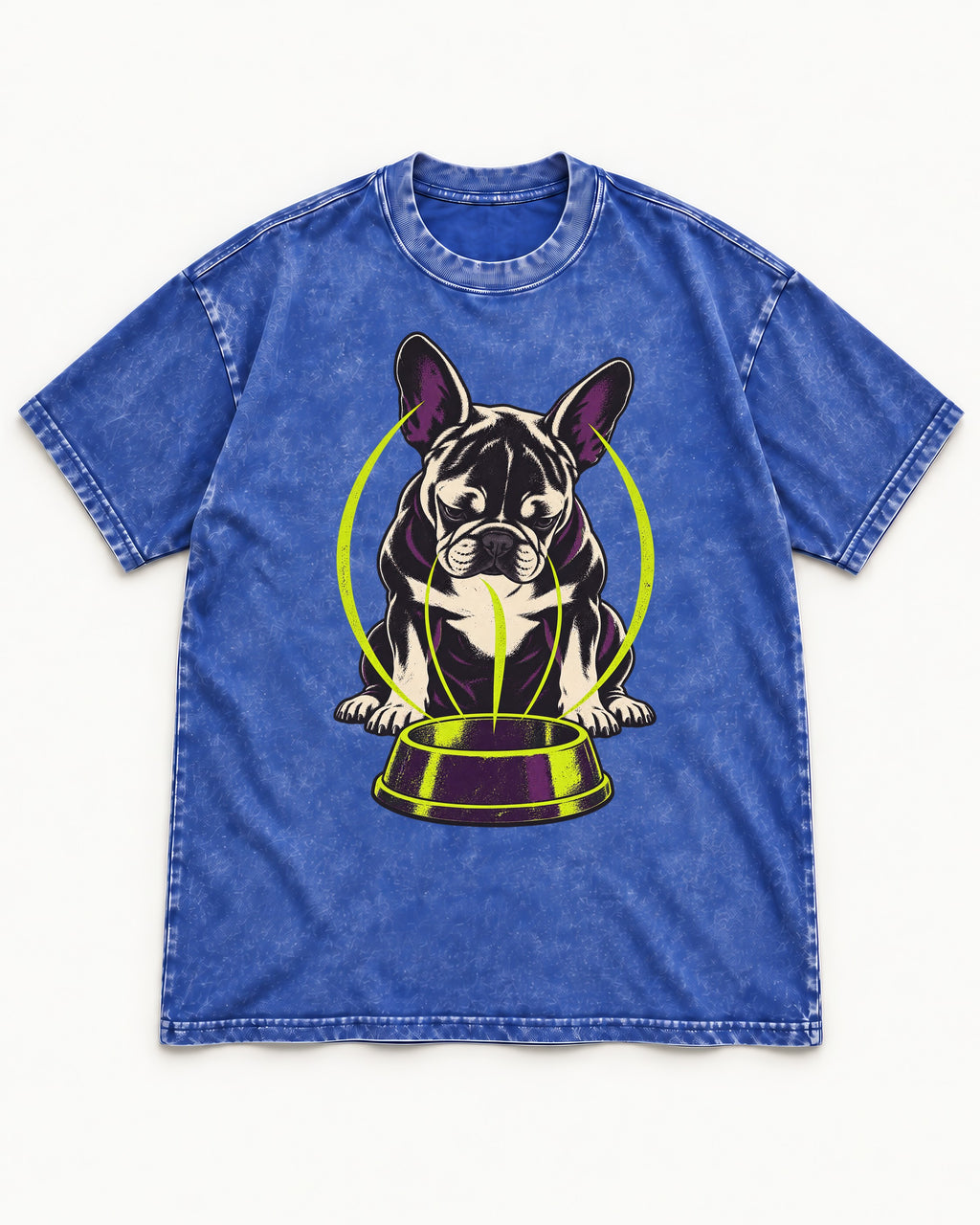 Frenchie Bowl Gravity Graphic Washed Tee in Royal Blue, flat lay product photo