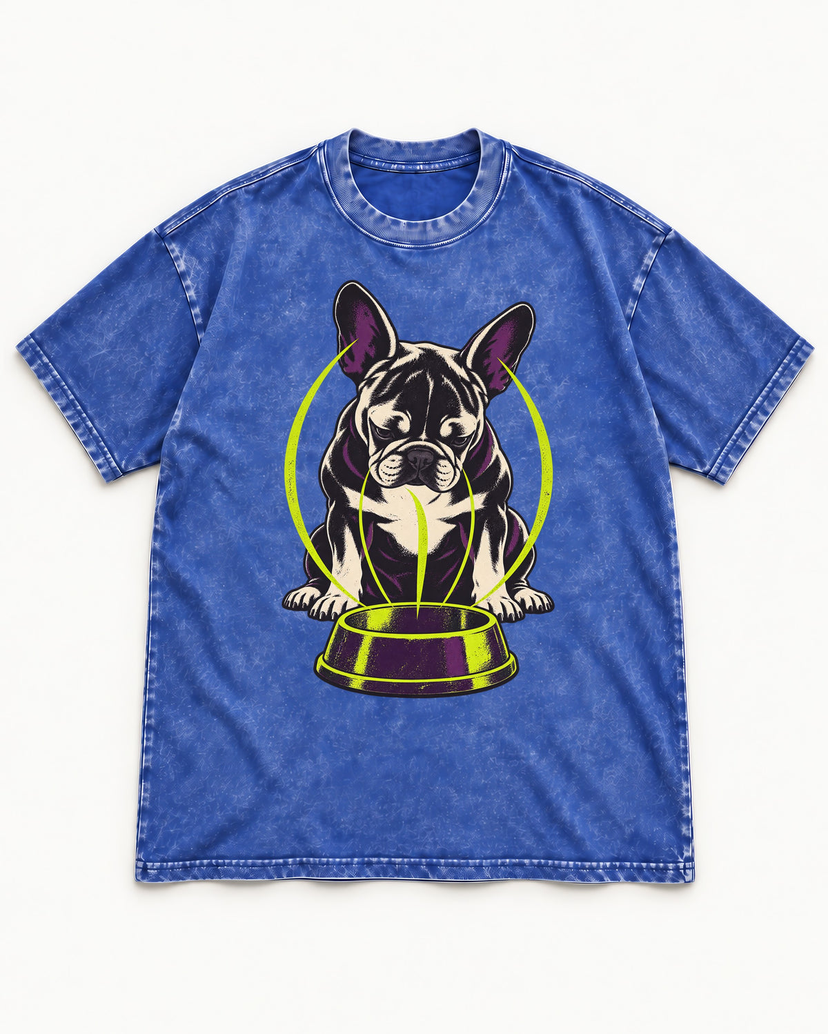 Frenchie Bowl Gravity Graphic Washed Tee in Royal Blue, flat lay product photo